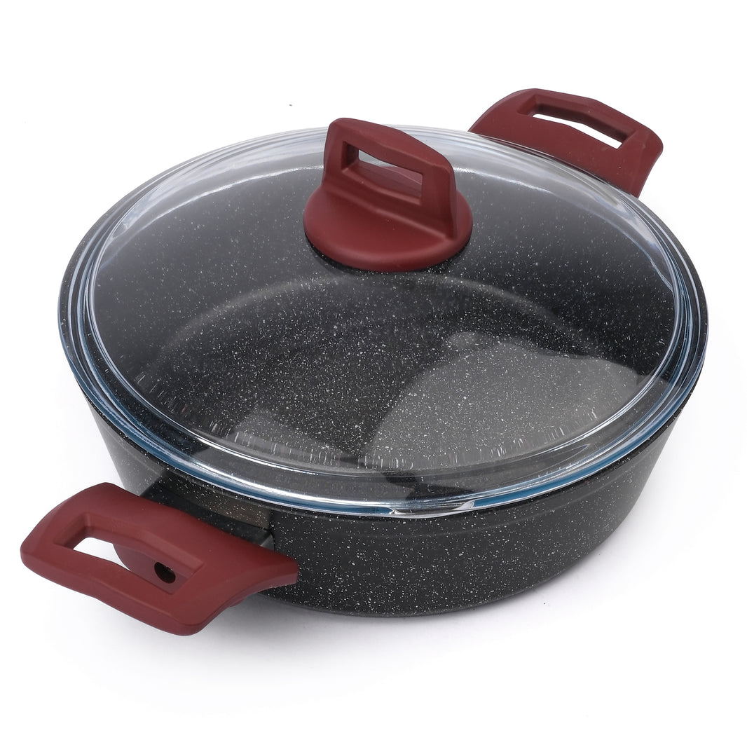 VILMA PLUS Flache Kasserolle – 26 cm | Induktionsgeeignet | PFOA-Frei | PTFE-Antihaftbeschichtung | Mit Glasdeckel